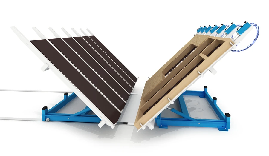 Two angled timber frame tilting wing tables on blue steel frames, one showing dark panel surface, the other revealing internal wooden structure with clamps.