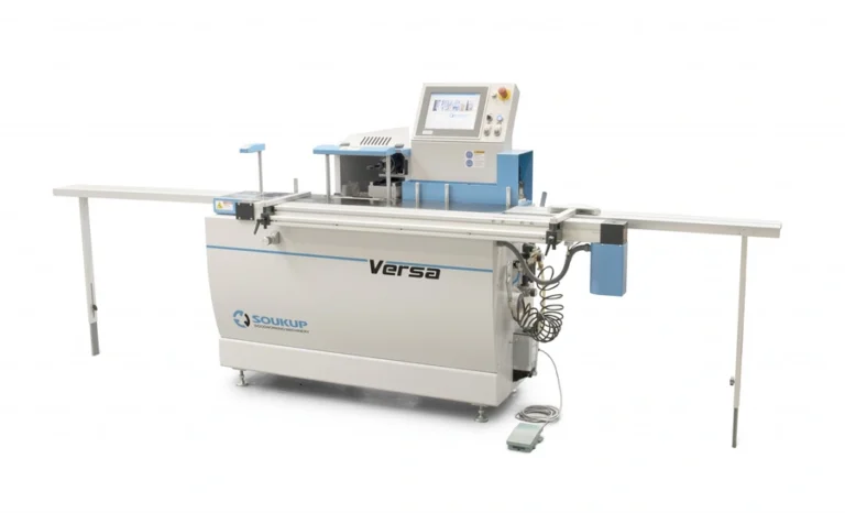Soukup Versa CNC window machine with extended feed tables, touchscreen control panel, and foot pedal on white background