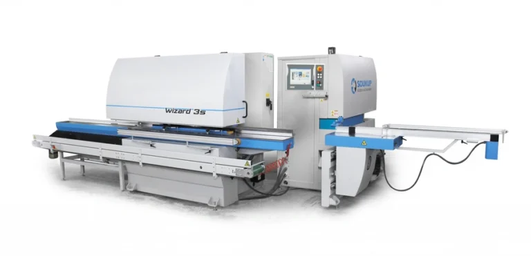 Soukup Wizard 3S CNC window machine with blue and white casing, conveyor feed table, and touchscreen control panel