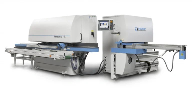 Soukup Wizard 4L industrial machine with feed conveyor tables and blue roller sections on a white background