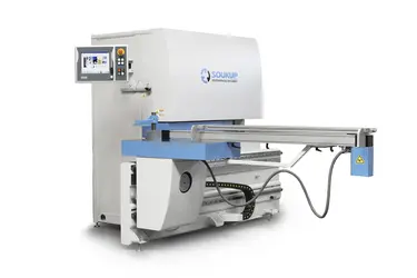 Soukup Wizard Tenon CNC window machine with blue and white housing and digital control panel