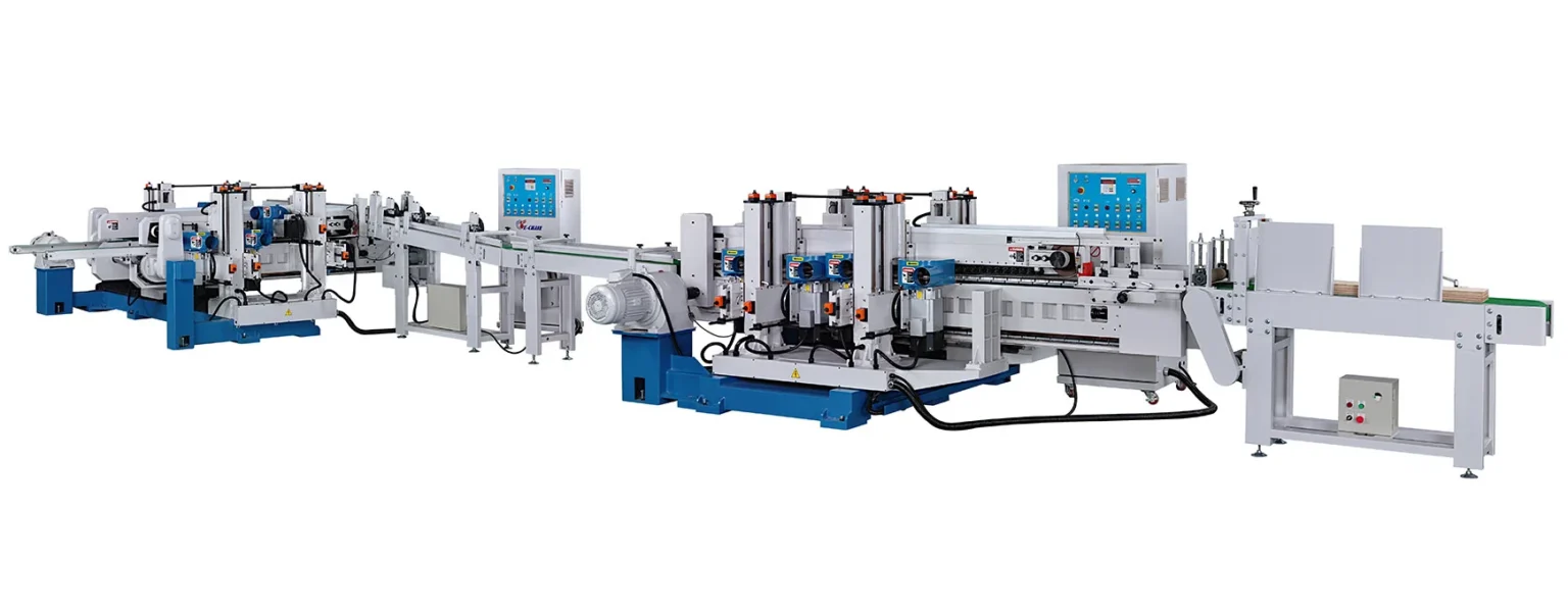 Industrial tenoning machine production line for flooring, featuring multiple linked white and blue machining units with control panels