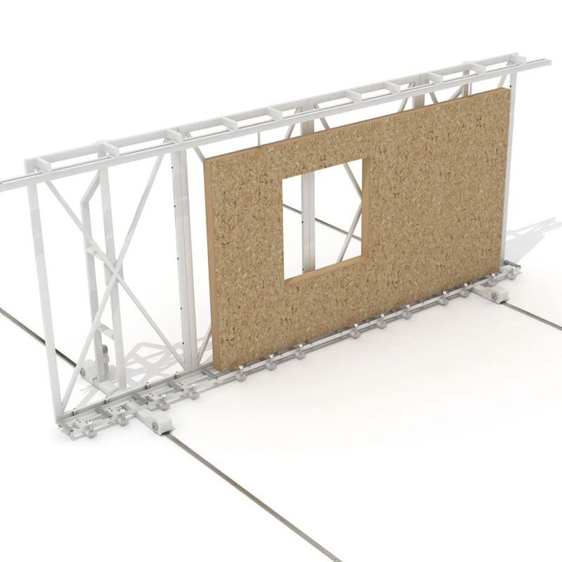 3D render of a timber frame offsite panel with a window opening mounted on a white metal vertical transporter frame
