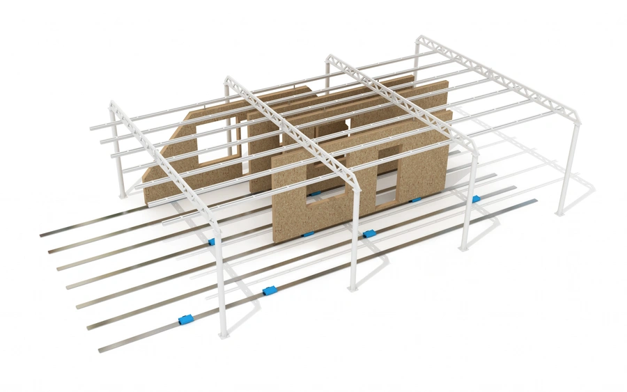3D render of a timber frame house model on white metal off-site track storage rails with blue connectors