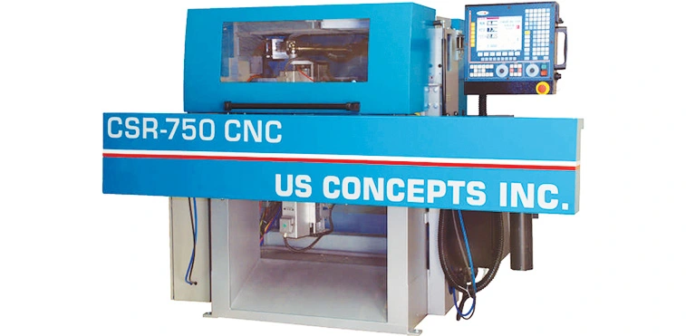 US Concepts Inc. CSR-750 CNC stair machinery unit in blue with control panel mounted on the right side