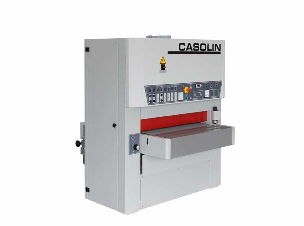Casolin wide belt sander machine with red feed roller, grey cabinet, and front control panel on white background