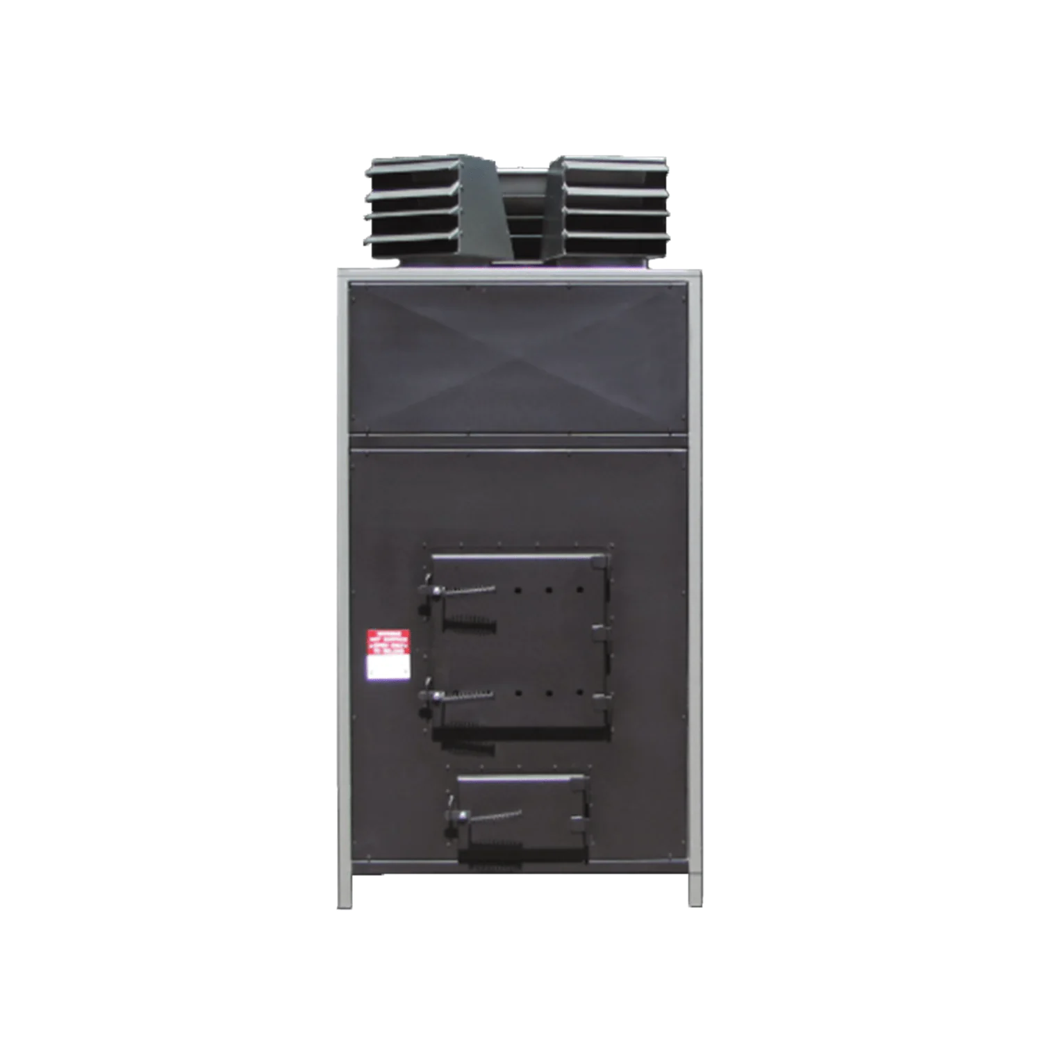 WT10 wood burning heater with black steel casing, front loading doors, and twin top-mounted heat exchanger vents