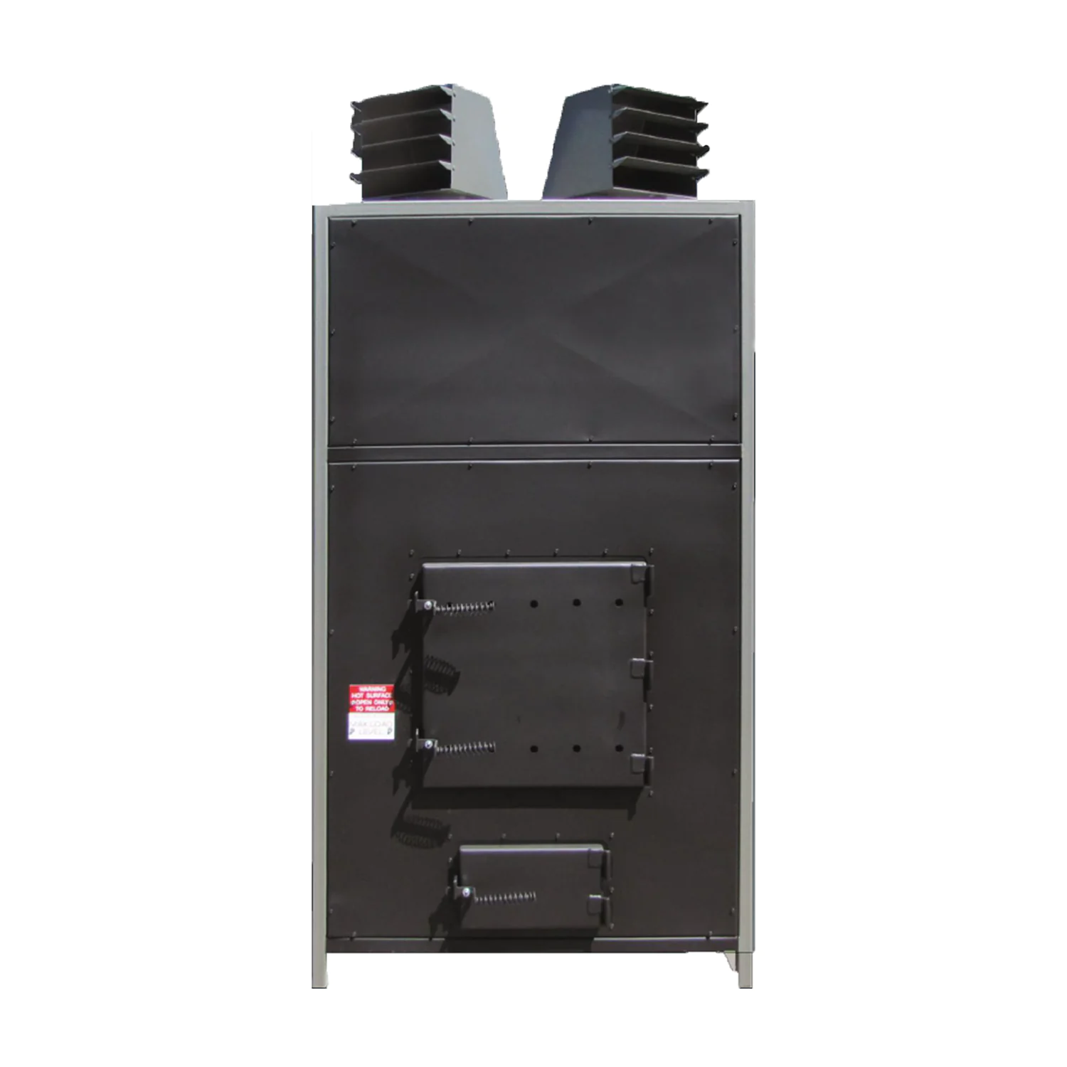 WT15 wood burning heater with twin top vents, front loading door, and ash pan on a white background