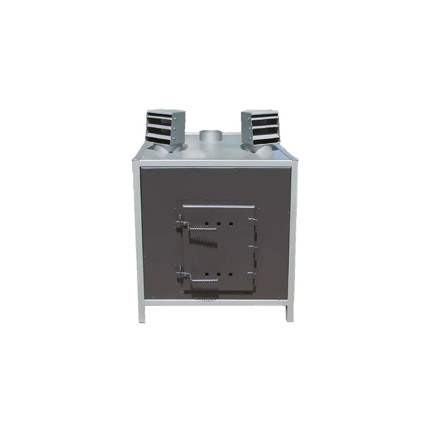 WT2 wood burning heater with two top-mounted fan units, dark metal firebox doors with spring handles, and a silver steel frame