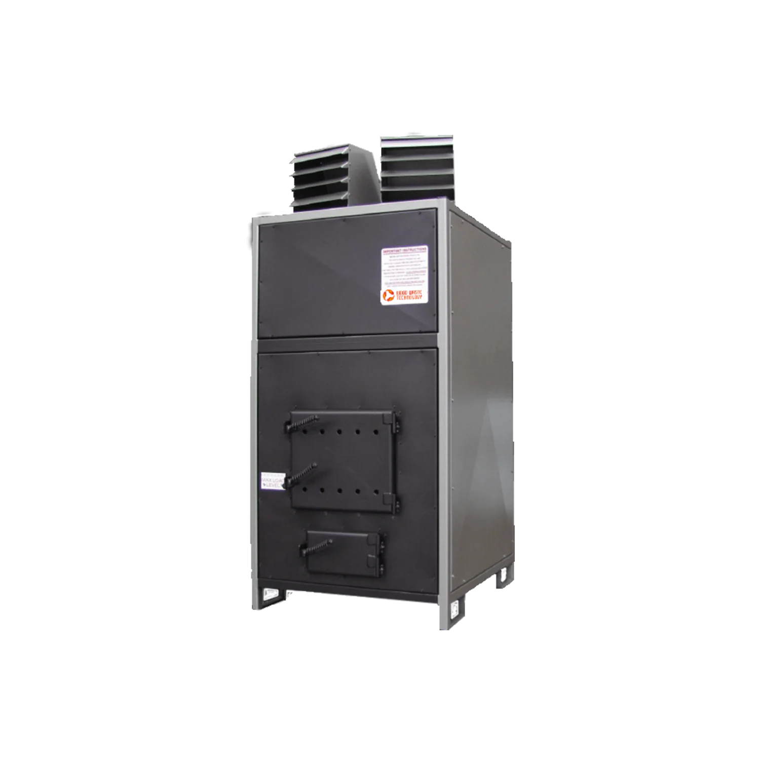 WT5 wood burning heater with black steel casing, cast iron loading door, ash door, and twin louvred warm air outlets on top